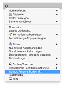 Menü DramaQueen Trackingsystem Output, Pensum, Fortschritt